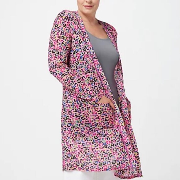 Logo by Lori Goldstein Size L Mesh Animal Print Open Front Duster Cardigan Pink - Picture 1 of 7